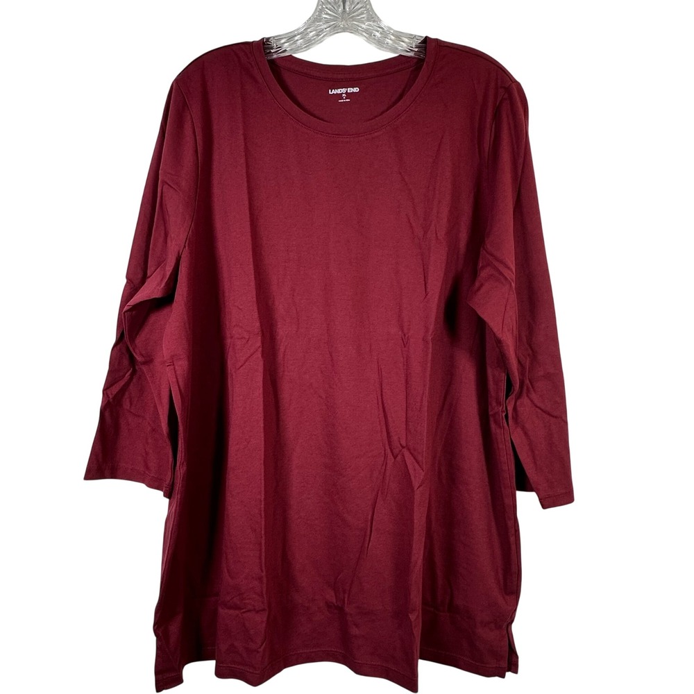 Lands End Womens XL Burgundy Supima Cotton 3/4 Sleeve Crew Neck Tunic Top